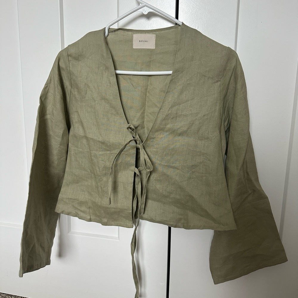 Rouri - from Spain real linen sage tie blouse.